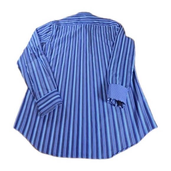 Bugatchi Shirt Large Shaped Fit BLUE Striped Flip Cuff Button Up Long Sleeve Men - Picture 5 of 11